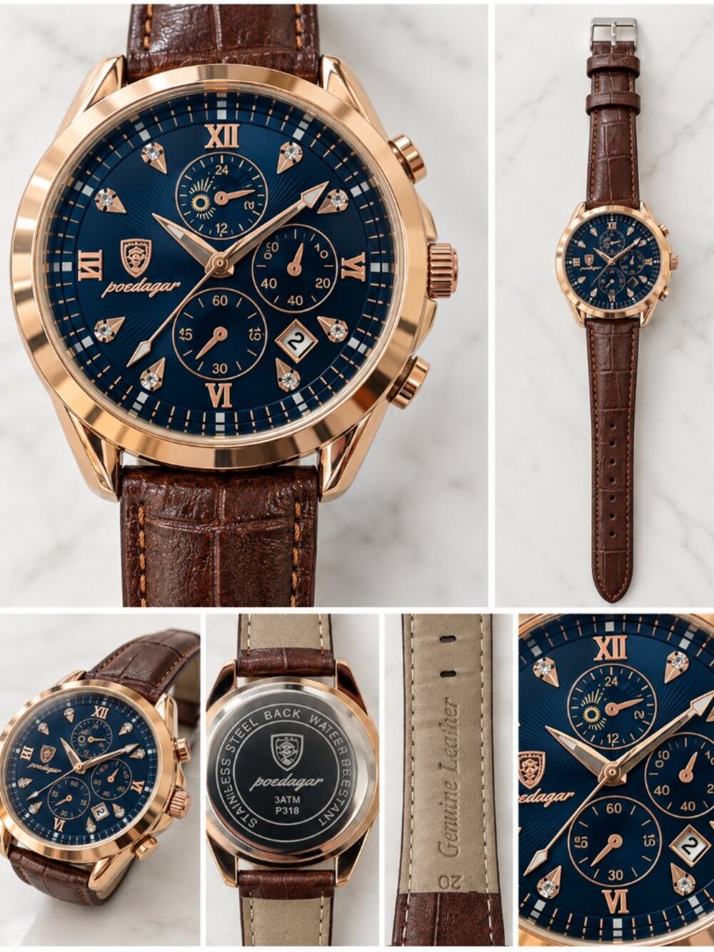 Poedagar P318 Men’s Quartz Watch Blue Dial Rose Gold Tone Brown Leather